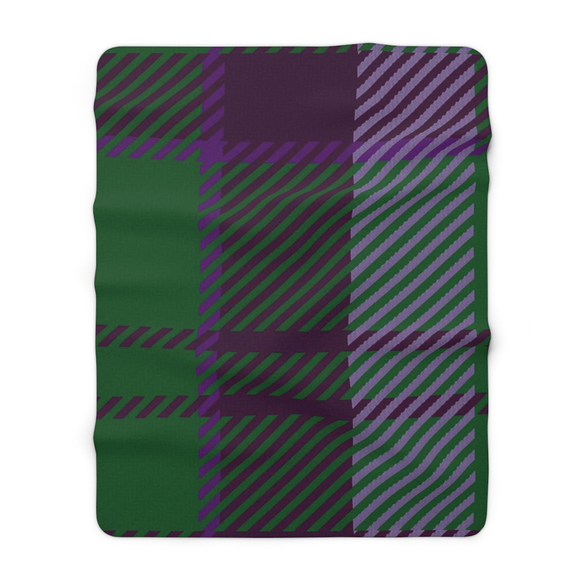Green and purple tartan plaid blanket swatch.