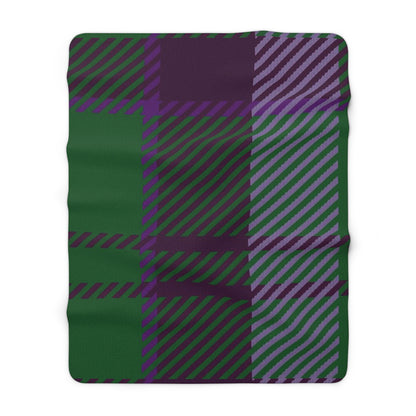 Green and purple tartan plaid blanket swatch.
