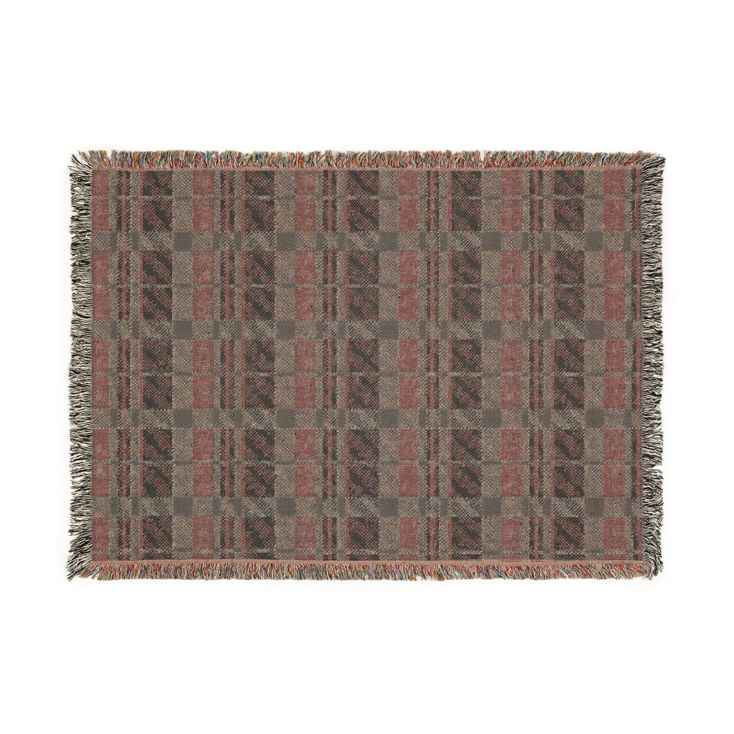 A rectangular woven throw blanket with a plaid pattern shown on the reverse side, finished with fringed edges, shown flat against a white background.