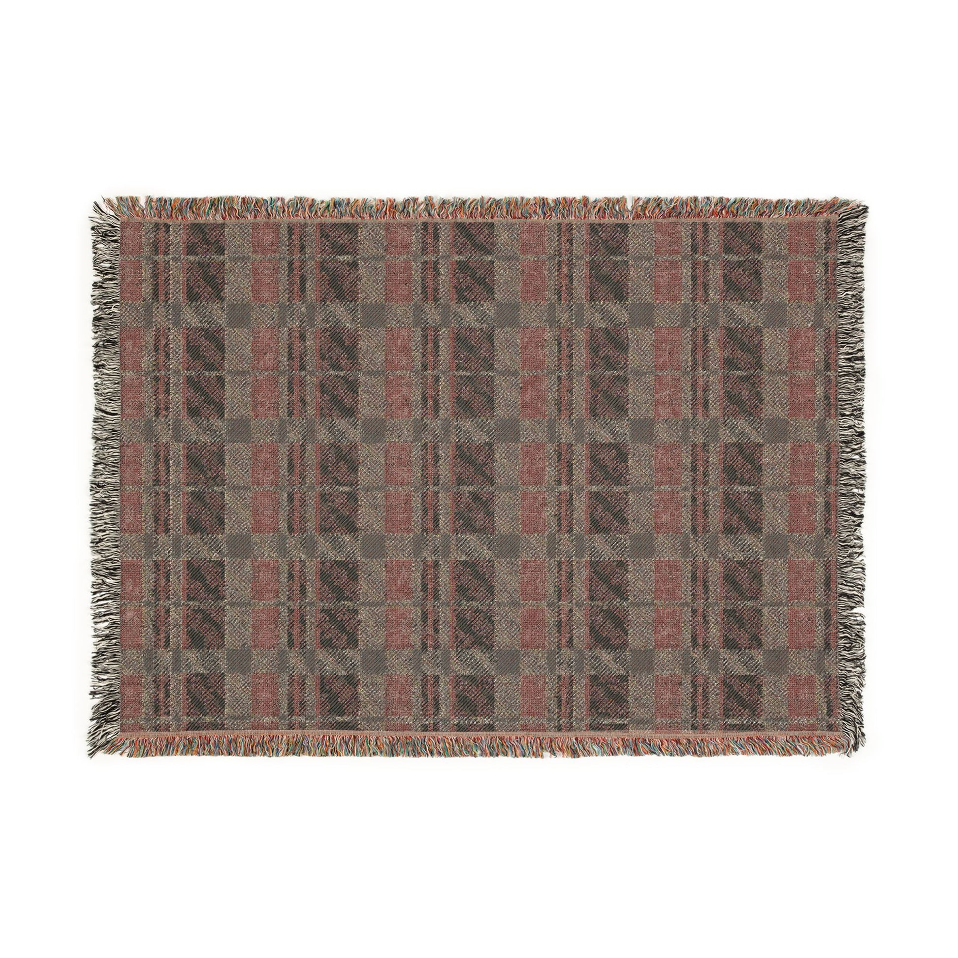 A rectangular woven throw blanket with a plaid pattern shown on the reverse side, finished with fringed edges, shown flat against a white background.