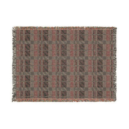 A rectangular woven throw blanket with a plaid pattern shown on the reverse side, finished with fringed edges, shown flat against a white background.