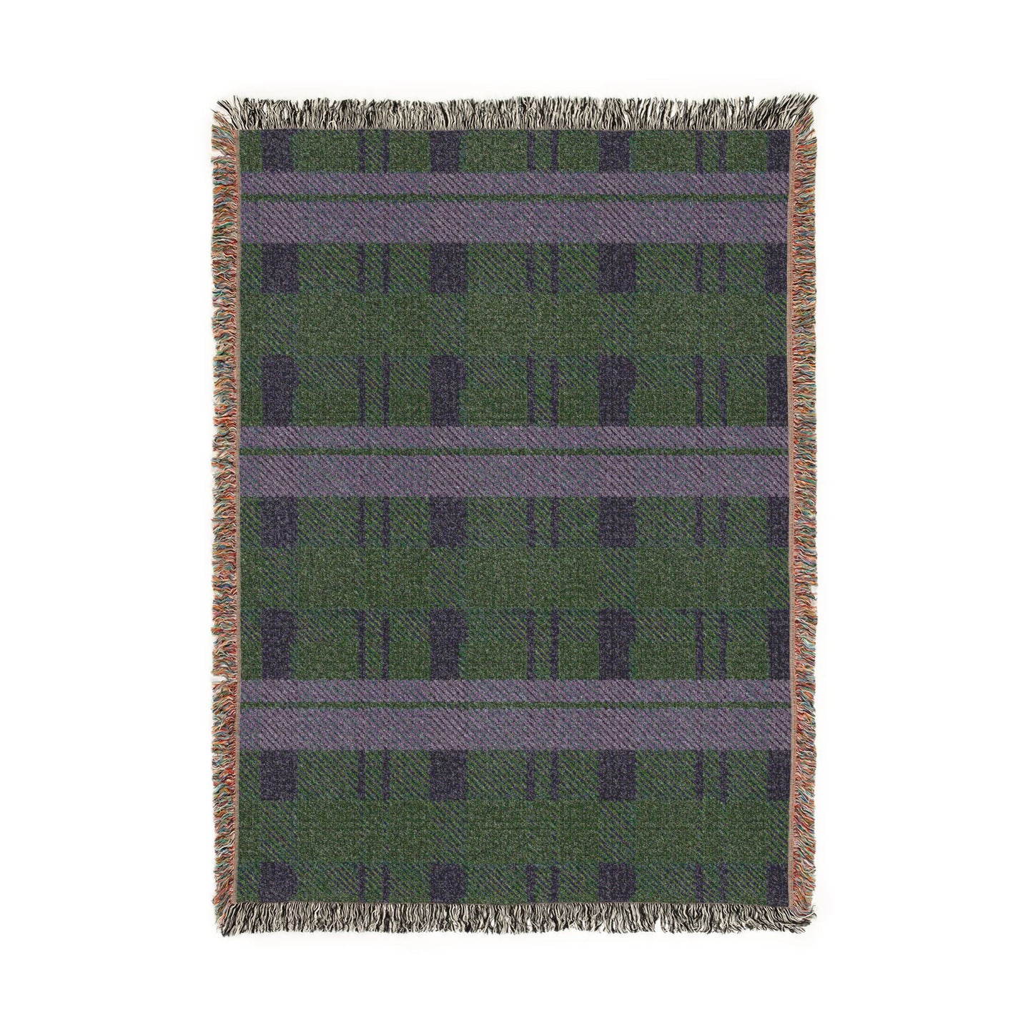 A rectangular woven throw blanket with fringed edges, featuring a green and purple plaid pattern on a white background.