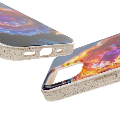 Two smartphone cases shown on a white background, featuring a textured beige outer bumper and a colorful abstract back design with purple, blue, orange, and yellow tones.