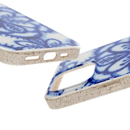 Two close-up views of a phone case with a blue floral pattern on a white background and a textured beige speckled edge.