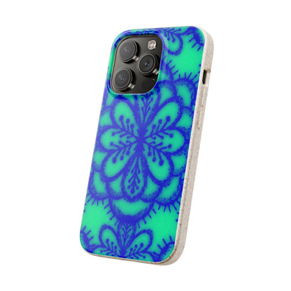 A protective phone case with a vibrant blue and green mandala pattern, shown on a plain white background.
