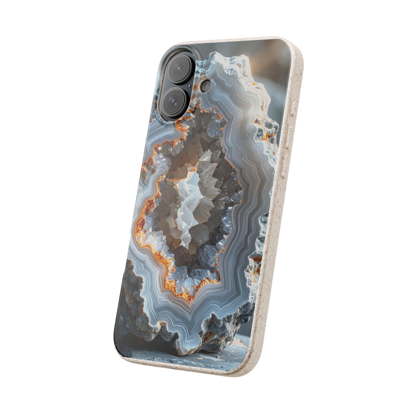 A protective phone case featuring a realistic geode and agate stone pattern with concentric bands of gray, white, brown, and orange, shown on a plain white background.