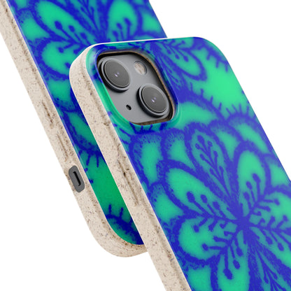 Biodegradable Phone Case — Blue Green Floral Mandala Eco-Friendly iPhone Cover