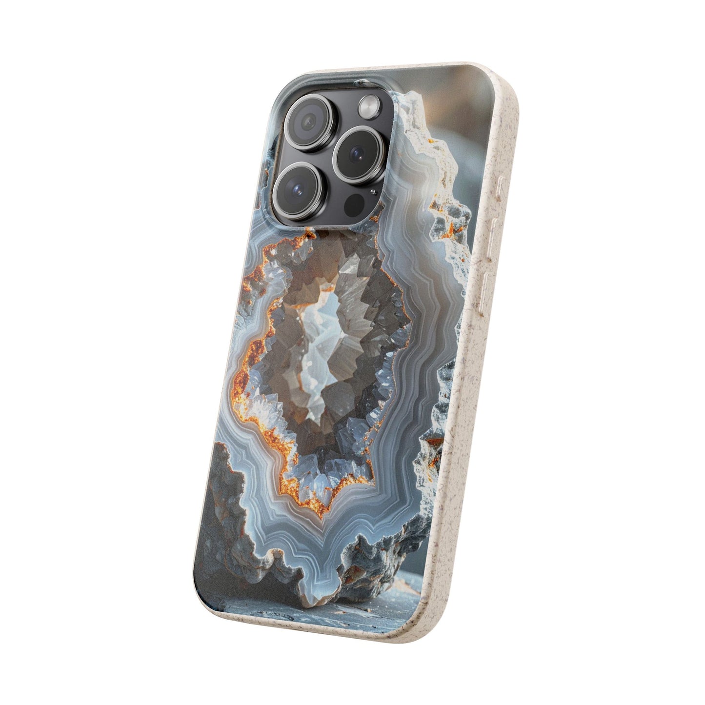 A protective phone case featuring a realistic geode or agate stone pattern with swirling bands of gray, white, blue, and orange, shown on a light gray background.
