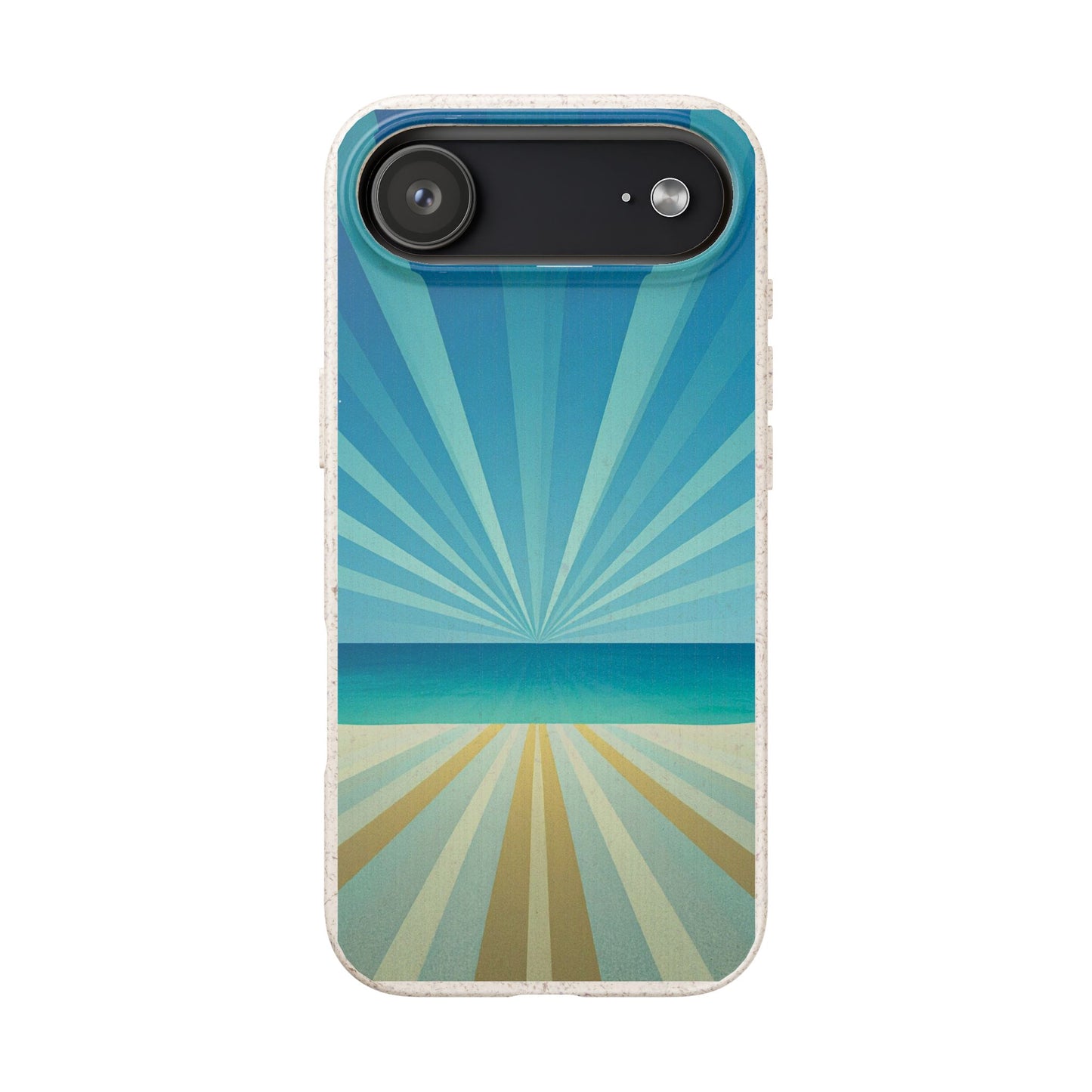 A phone case featuring a retro sunburst beach design with shades of blue, teal, and sandy beige, shown on a plain white background.