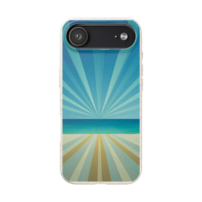 A phone case featuring a retro sunburst beach design with shades of blue, teal, and sandy beige, shown on a plain white background.