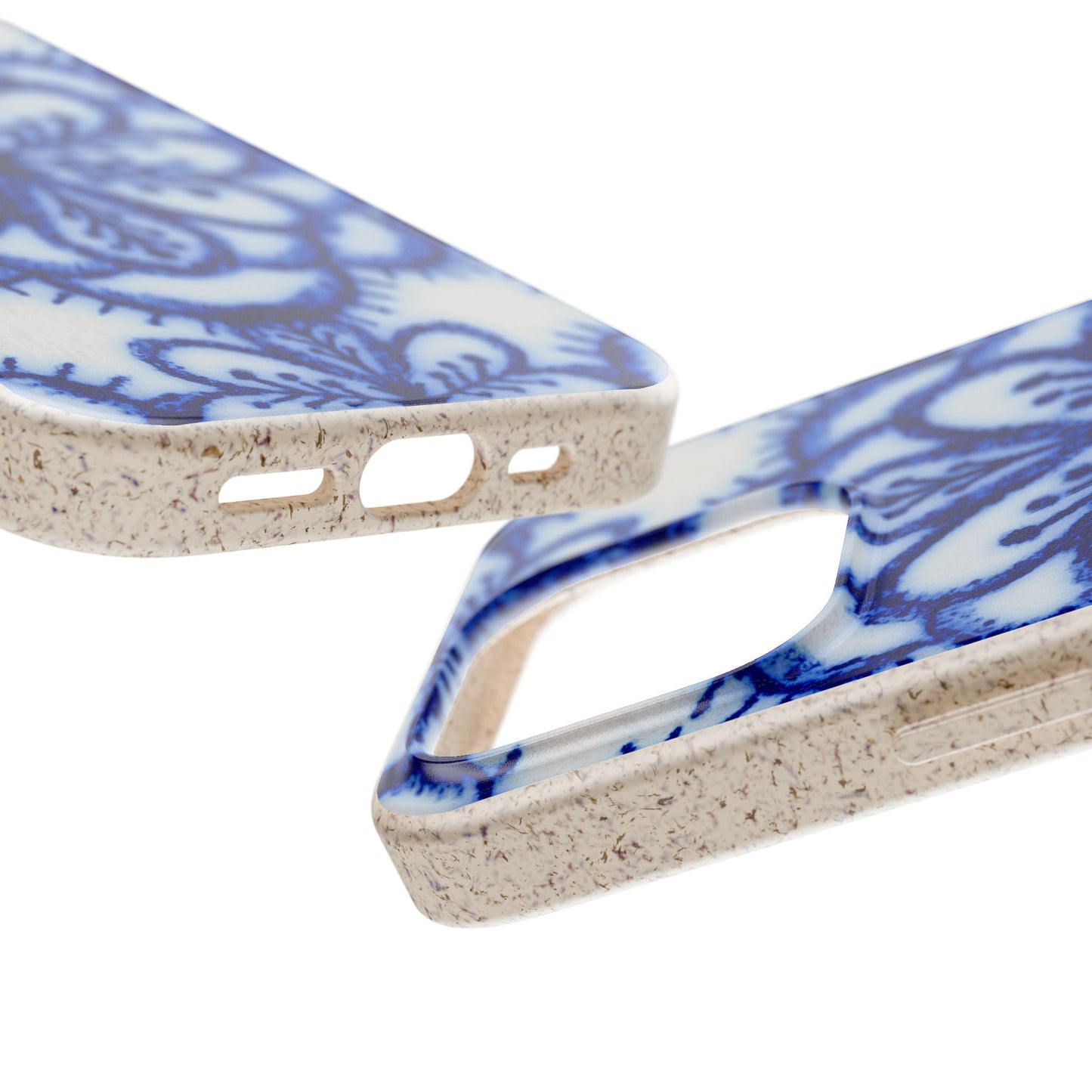 Two close-up views of a smartphone case with a blue floral pattern on a white background and a speckled beige textured edge.