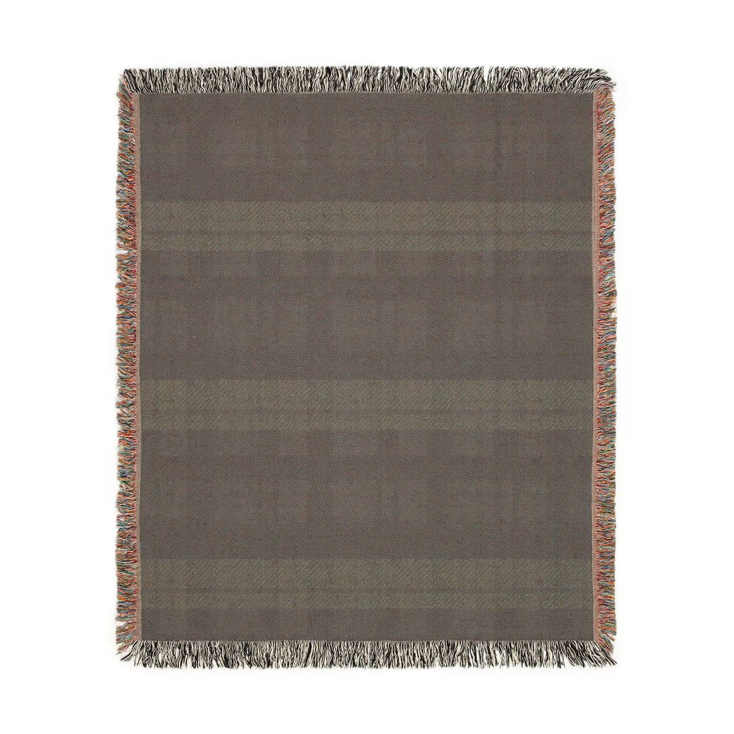 A rectangular woven throw blanket with fringed edges, featuring a muted taupe-brown and gray plaid pattern with subtle warm accents along the border, shown flat against a white background.