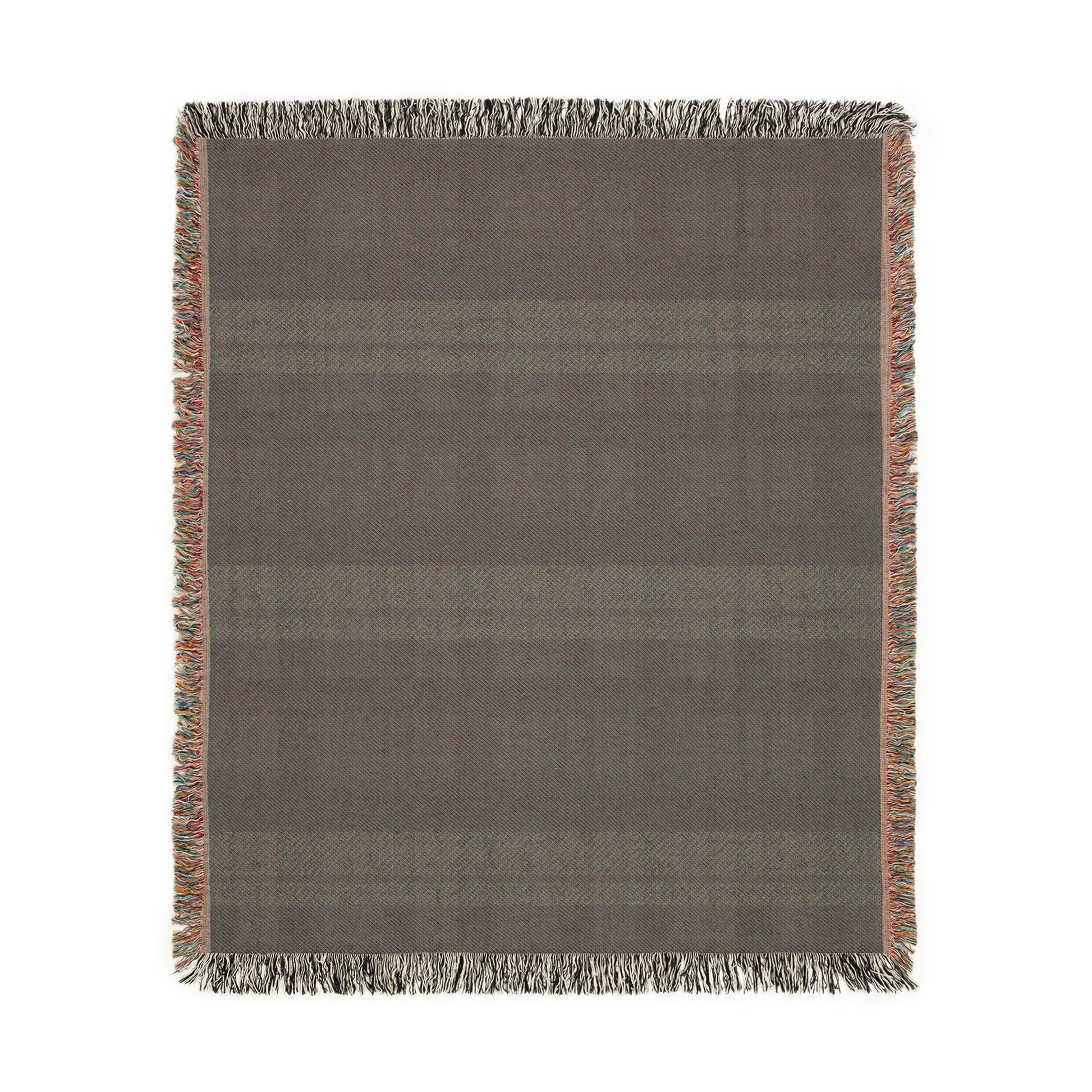 A rectangular woven throw blanket with fringed edges, featuring a muted taupe-brown and gray plaid pattern with subtle warm accents along the border, shown flat against a white background.