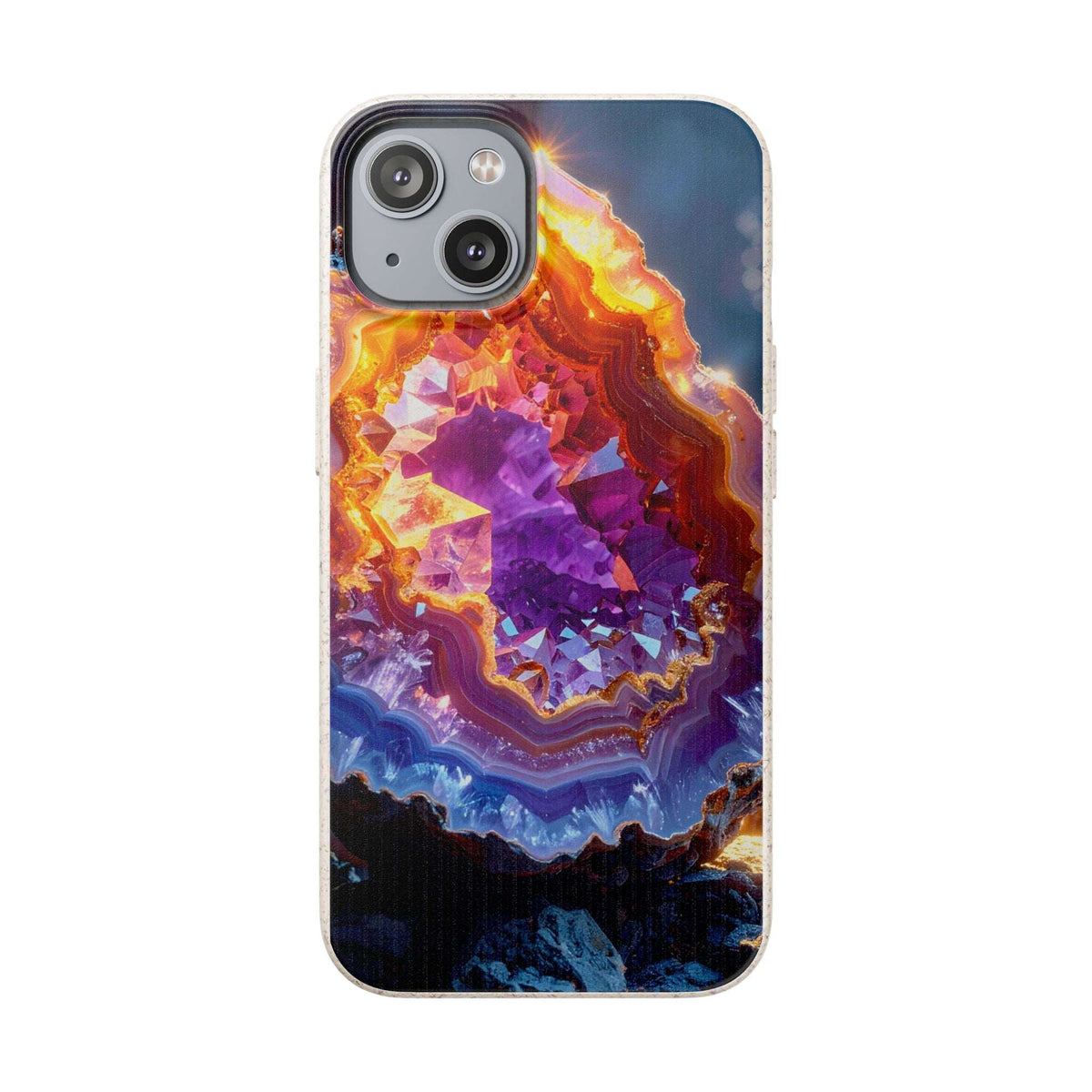 A clear-sided smartphone case featuring a vivid printed design of a geode or crystal cavity with swirling bands of purple, orange, yellow, blue, and black, shown on a plain white background.