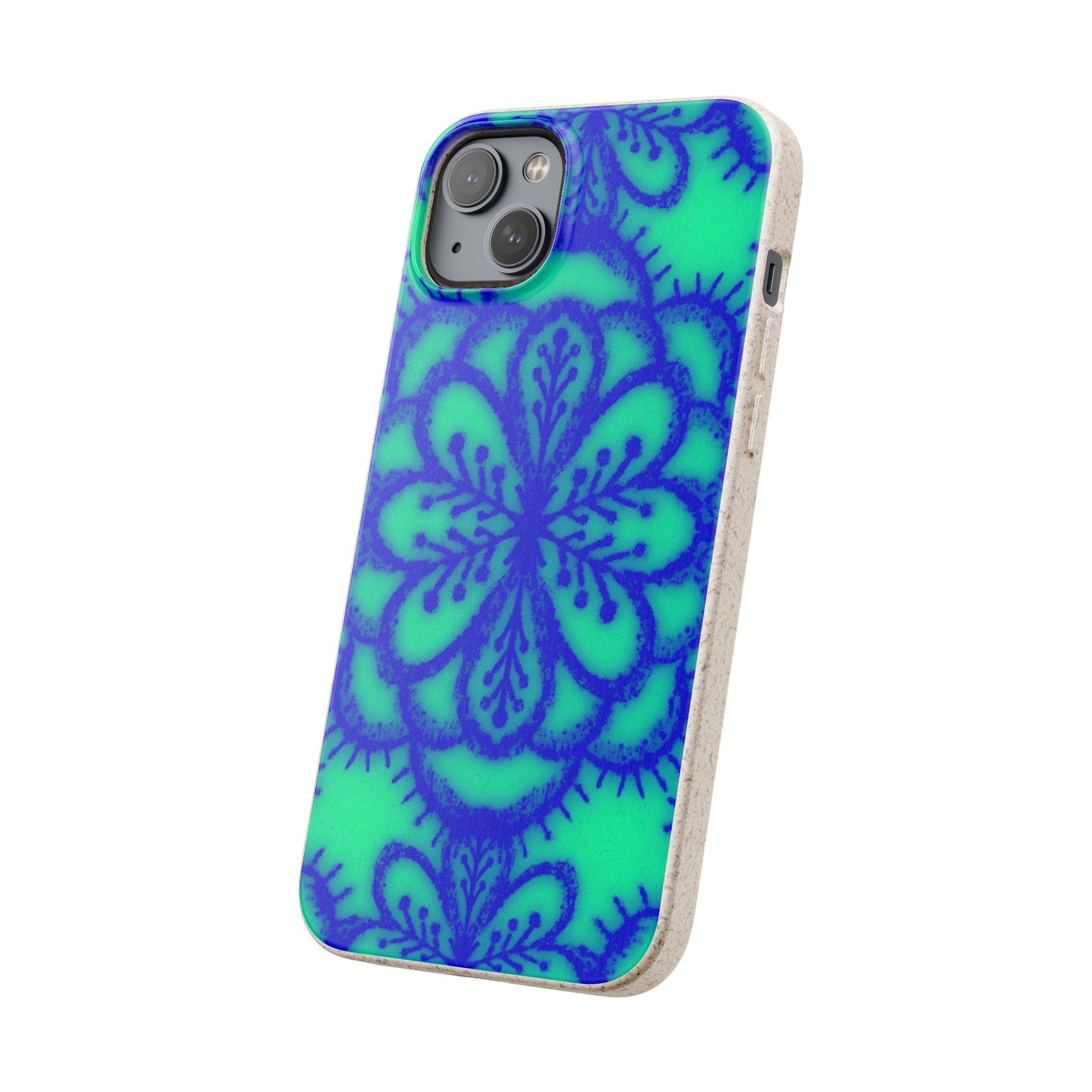 A phone case with a vibrant blue and green mandala pattern, shown on a clean white background.