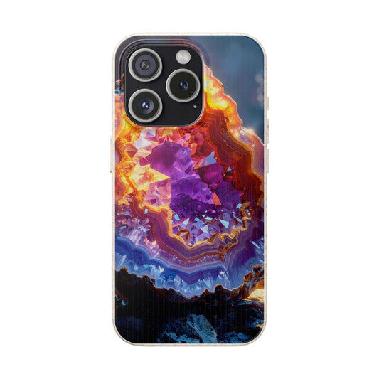 A clear-sided smartphone case featuring a vivid printed geode or crystal cluster design with prominent purple, orange, yellow, blue, and black tones, shown on a phone against a plain white background.