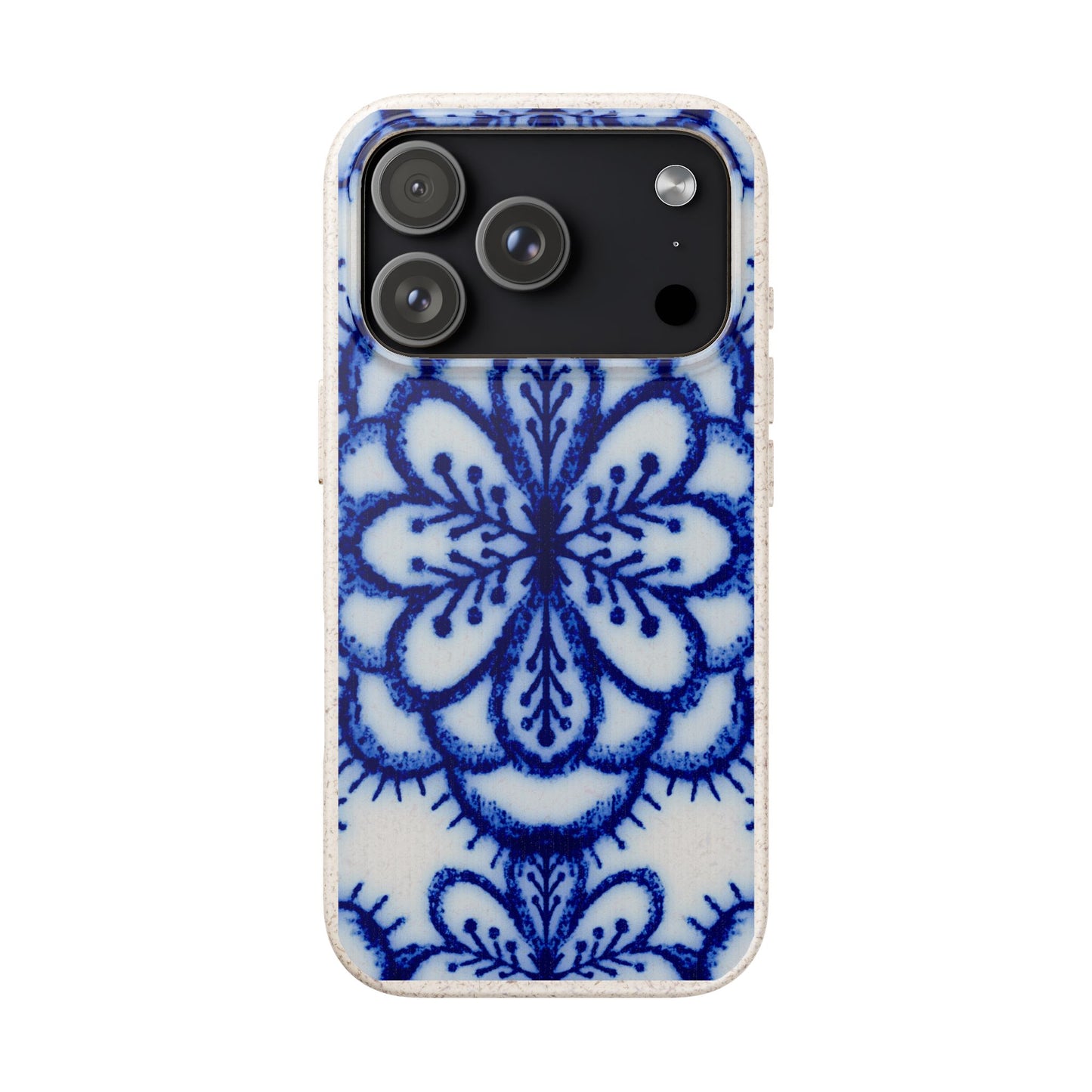 A protective phone case featuring a blue and white floral mandala pattern, shown on a plain white background.