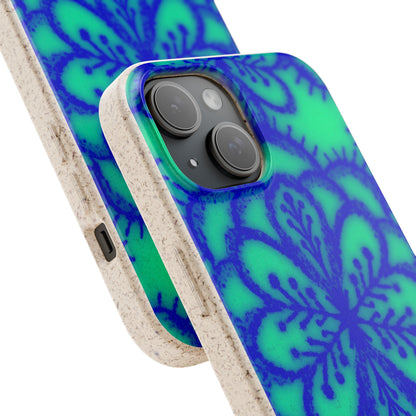 A close-up of a smartphone case with a blue and green floral mandala pattern and a natural beige textured edge, shown on a white background.