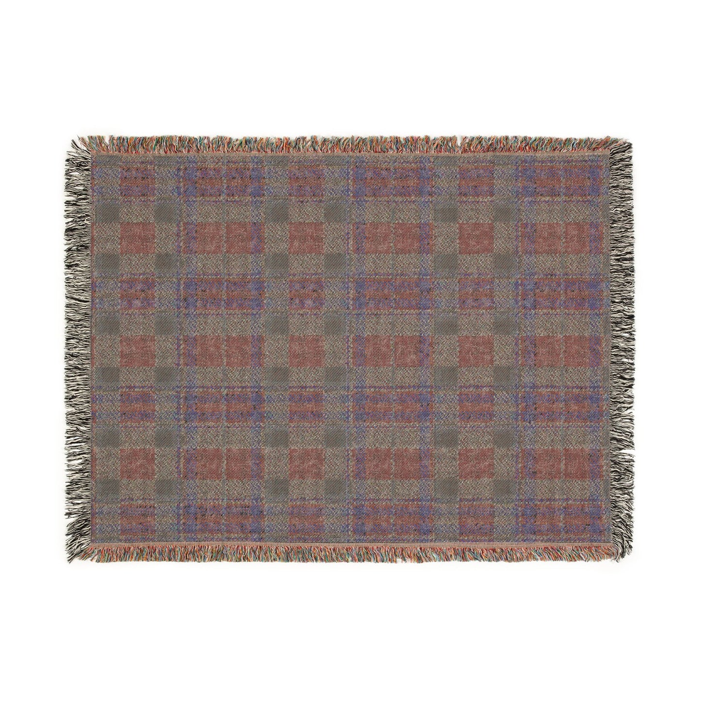 A rectangular woven throw blanket with a plaid pattern in muted gray, terracotta, and dusty blue, finished with fringed edges, shown flat against a white background.