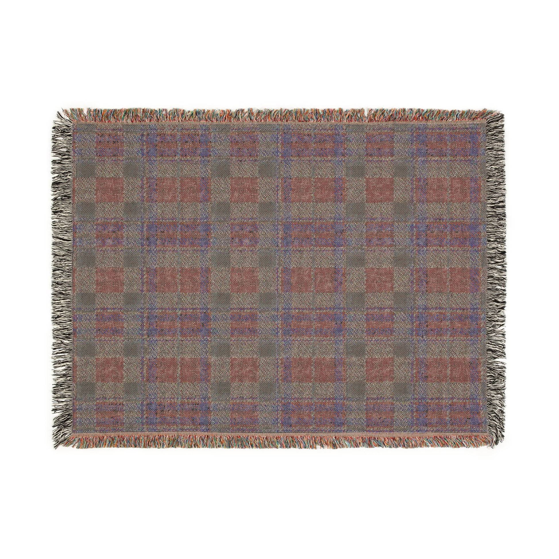 A rectangular woven throw blanket with a plaid pattern in muted gray, terracotta, and dusty blue, finished with fringed edges, shown flat against a white background.