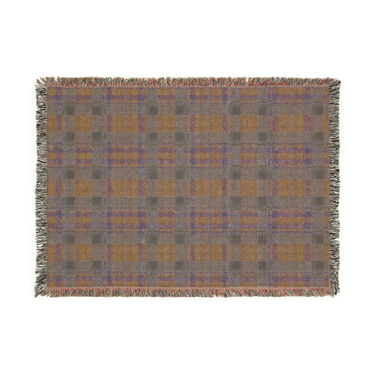 A rectangular woven throw blanket with a plaid pattern in gray, ochre, and blue, featuring fringed edges on all sides, shown against a plain white background.