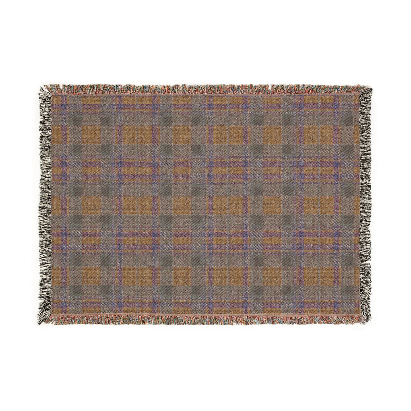 A rectangular woven throw blanket with a plaid pattern in gray, ochre, and blue, featuring fringed edges on all sides, shown against a plain white background.