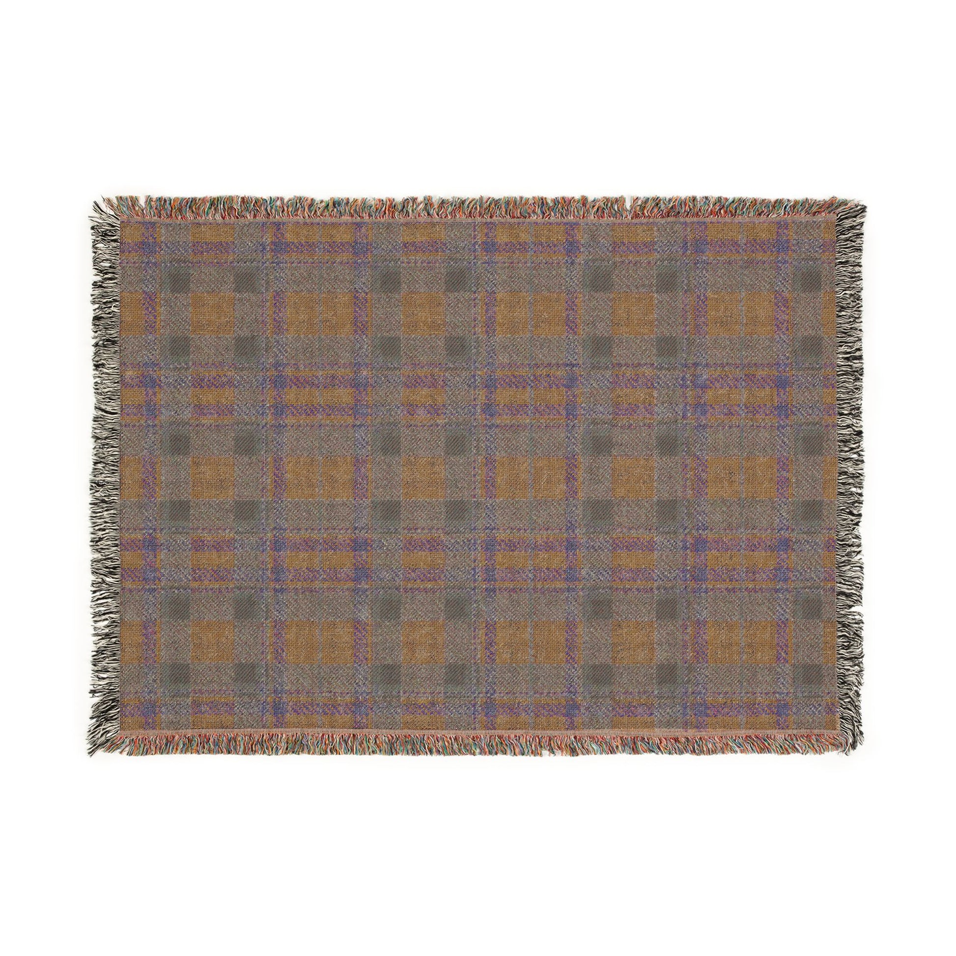 A rectangular woven throw blanket with a plaid pattern in gray, ochre, and blue, featuring fringed edges on all sides, shown against a plain white background.