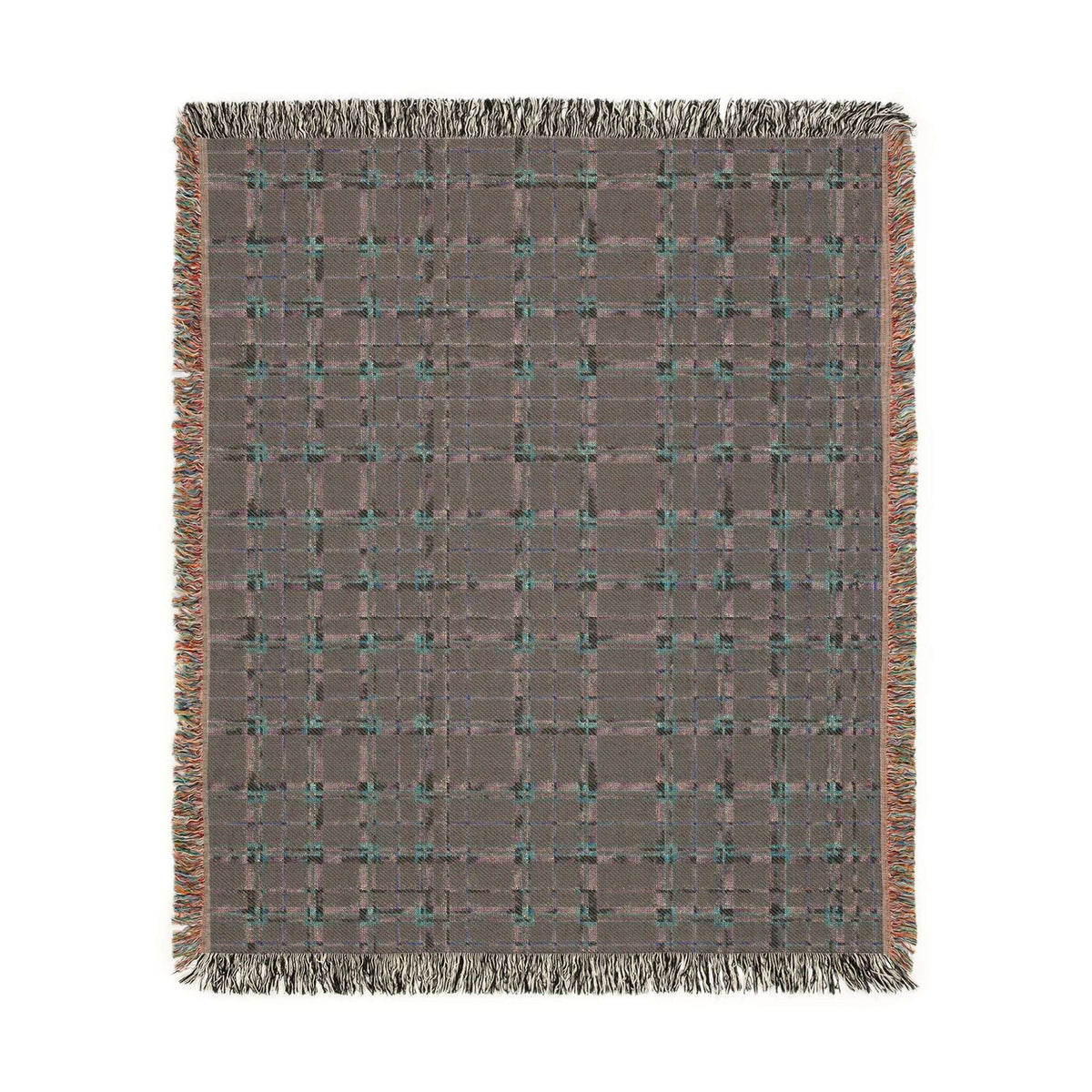 Reverse side of a square woven throw blanket with a textured gray and brown plaid pattern, accented with teal and orange threads, finished with fringed edges.