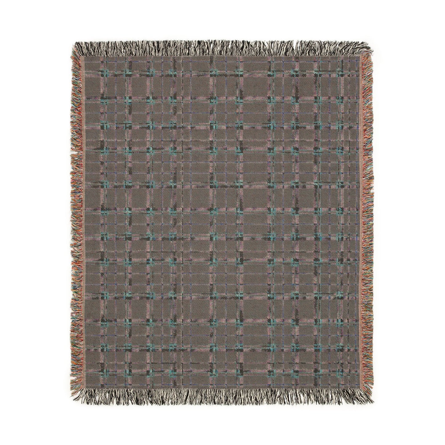 A square woven throw blanket with a textured gray and brown plaid pattern, accented with teal and orange threads, finished with fringed edges.