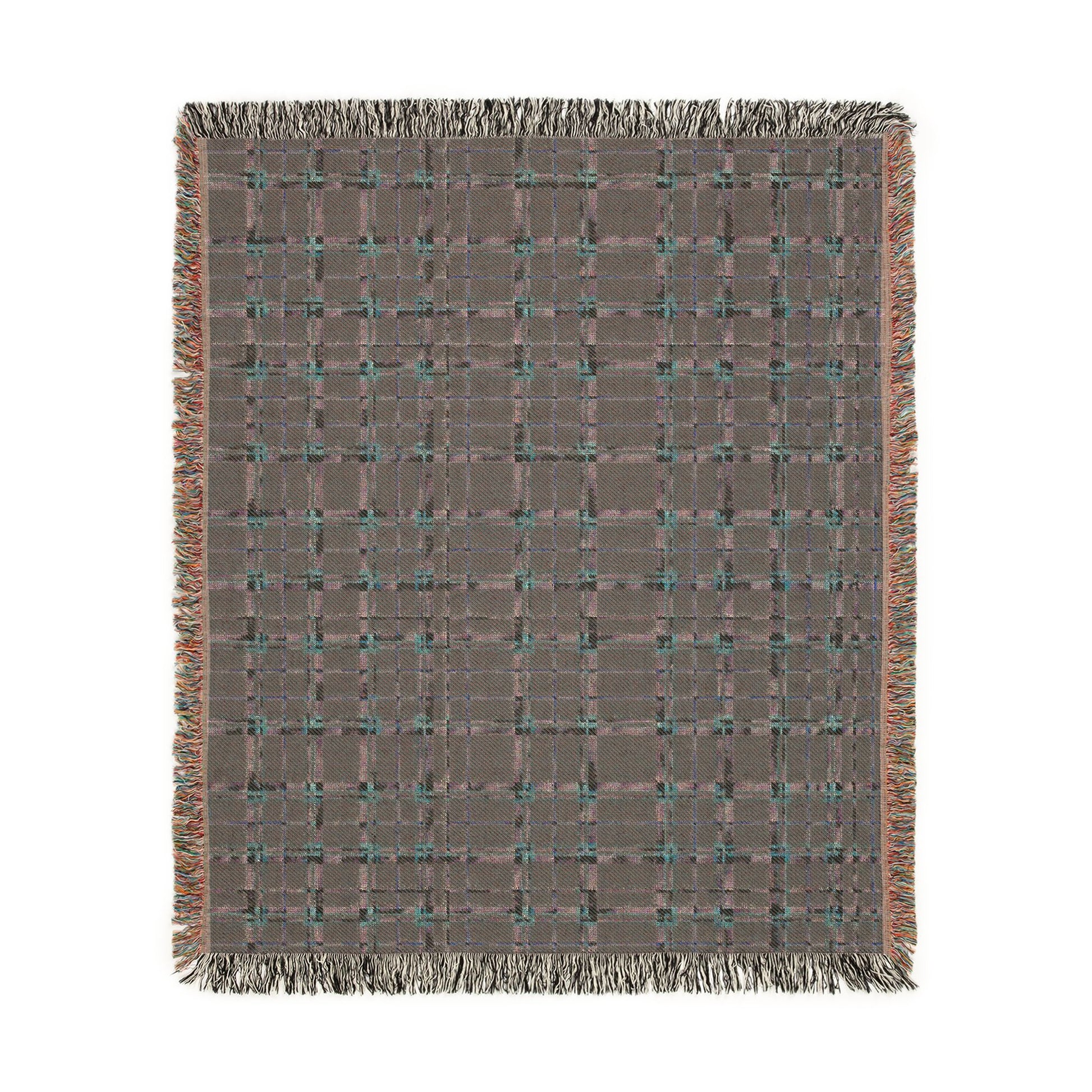 A square woven throw blanket with a textured gray and brown plaid pattern, accented with teal and orange threads, finished with fringed edges.