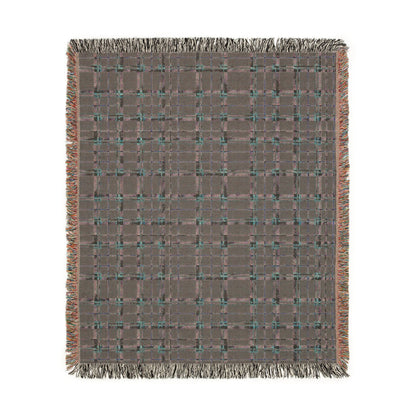 A square woven throw blanket with a textured gray and brown plaid pattern, accented with teal and orange threads, finished with fringed edges.