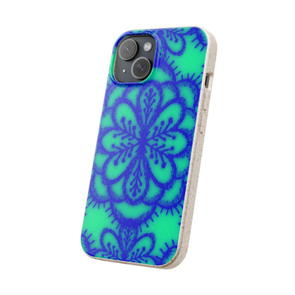 A phone case with a vibrant blue mandala pattern on a bright green background, shown on a clean white background.