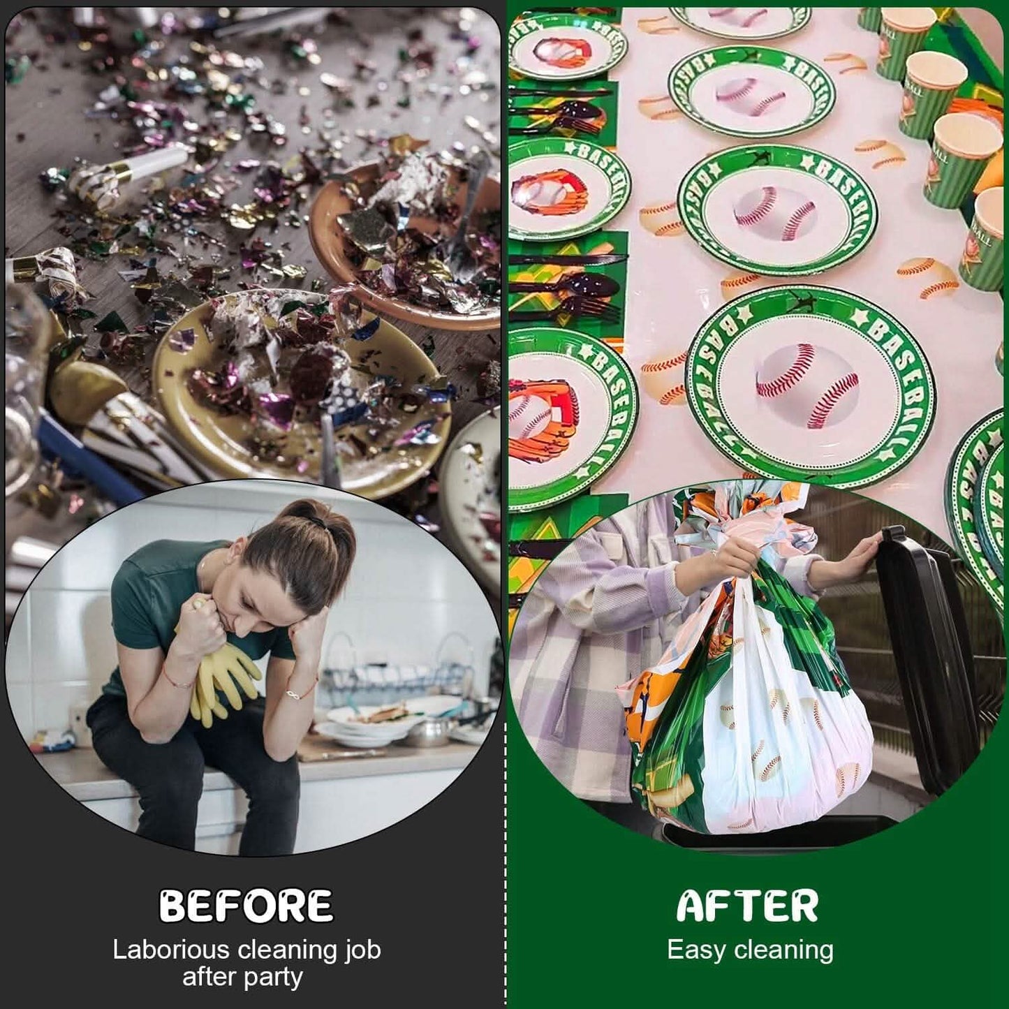 Before and after comparison of a messy party scene and organized cleaning.