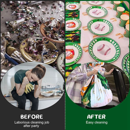 Before and after comparison of a messy party scene and organized cleaning.