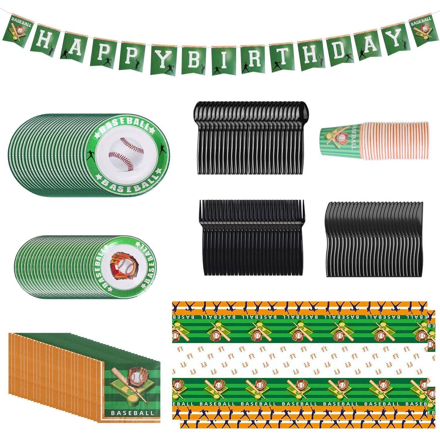 Baseball-themed birthday party supplies including plates, cups, and banners on a white background.