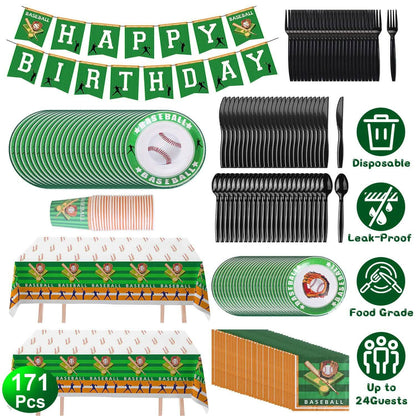 Baseball-themed birthday party supplies including plates, cups, and tablecloth with 'Happy Birthday' banner.