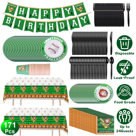 Baseball-themed birthday party supplies including plates, cups, and tablecloth with 'Happy Birthday' banner.