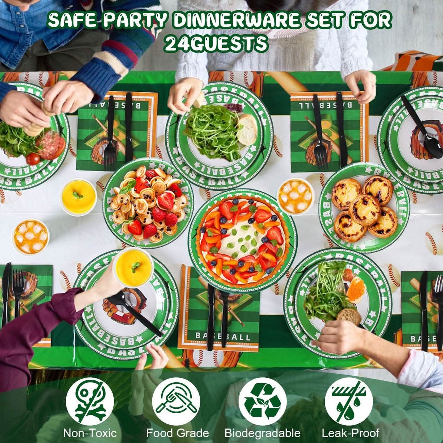Safe party dinnerware set for 24 guests with people enjoying a meal.