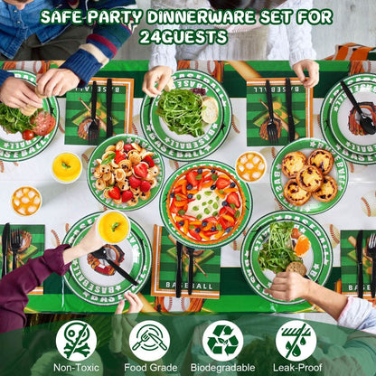 Safe party dinnerware set for 24 guests with people enjoying a meal.