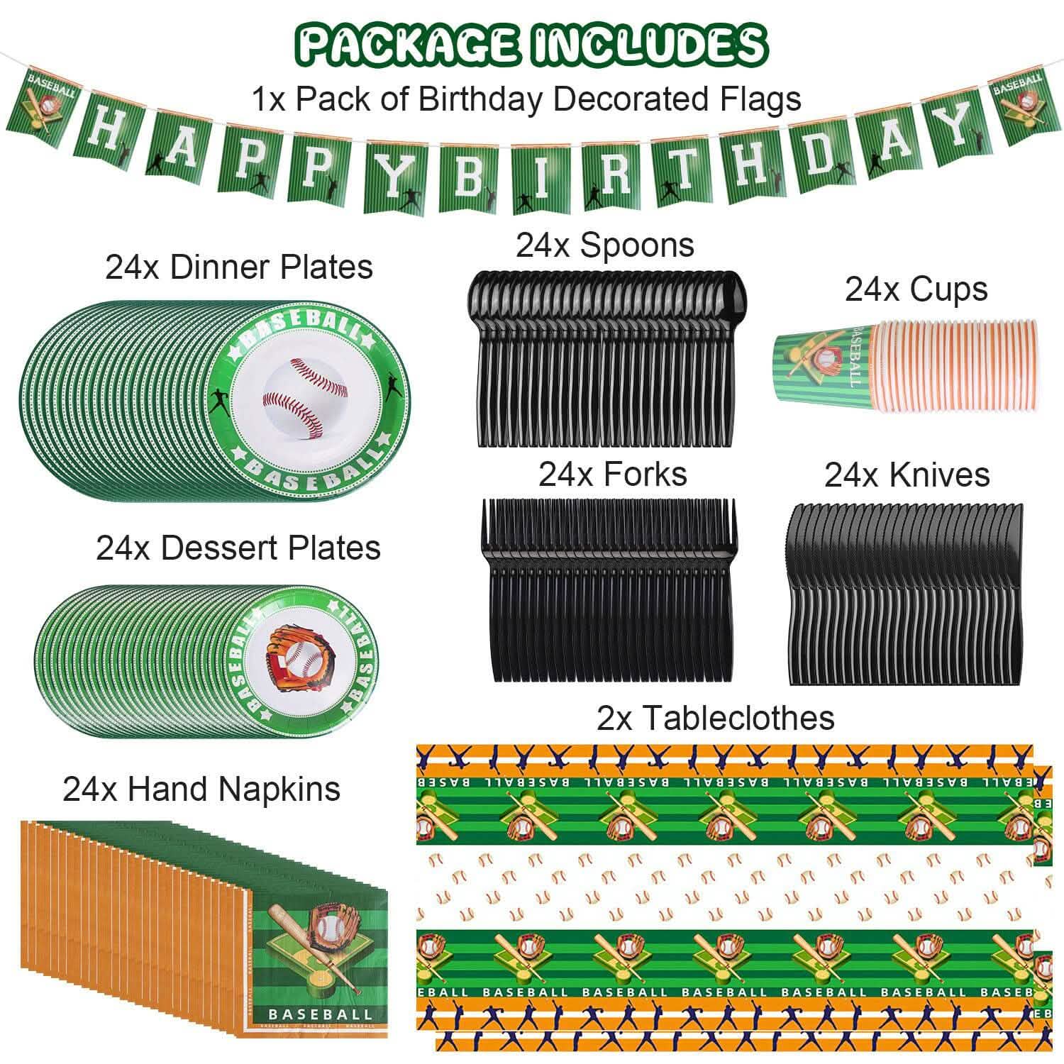 Party supplies package including birthday decorations, tableware, and tablecloths with a baseball theme.
