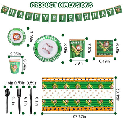 Product dimensions chart for a baseball-themed birthday party set with various items and a 'Happy Birthday' banner.