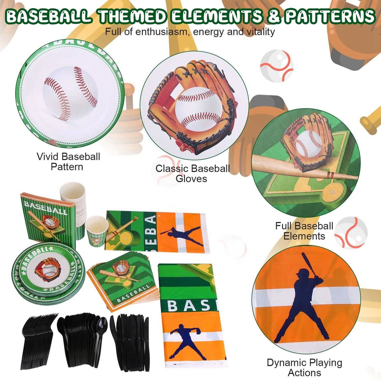 Collection of baseball-themed party supplies including plates, cups, and napkins with various designs.
