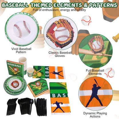 Collection of baseball-themed party supplies including plates, cups, and napkins with various designs.