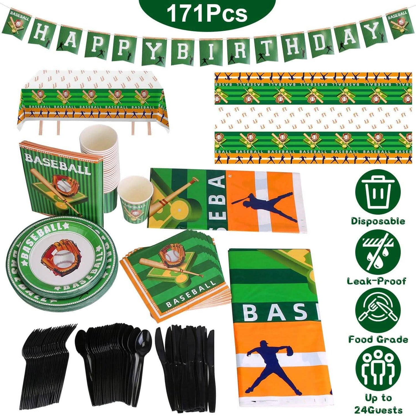 Baseball-themed birthday party supplies including plates, cups, and utensils with a 'Happy Birthday' banner.