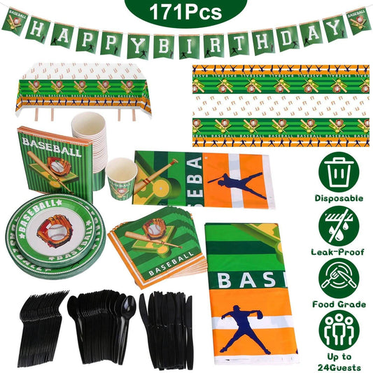 Baseball-themed birthday party supplies including plates, cups, and utensils with a 'Happy Birthday' banner.
