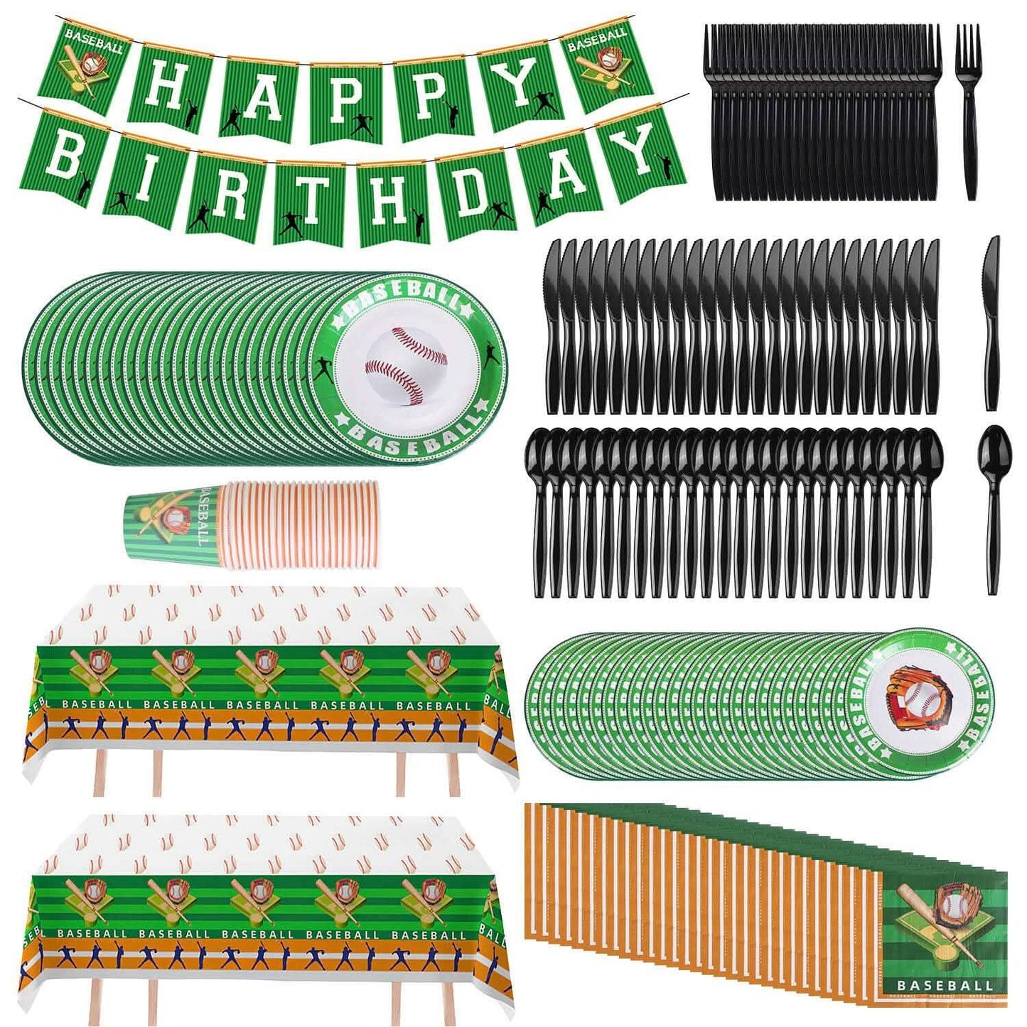 Baseball-themed birthday party supplies including plates, cups, and cutlery.