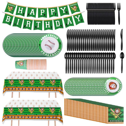 Baseball-themed birthday party supplies including plates, cups, and cutlery.