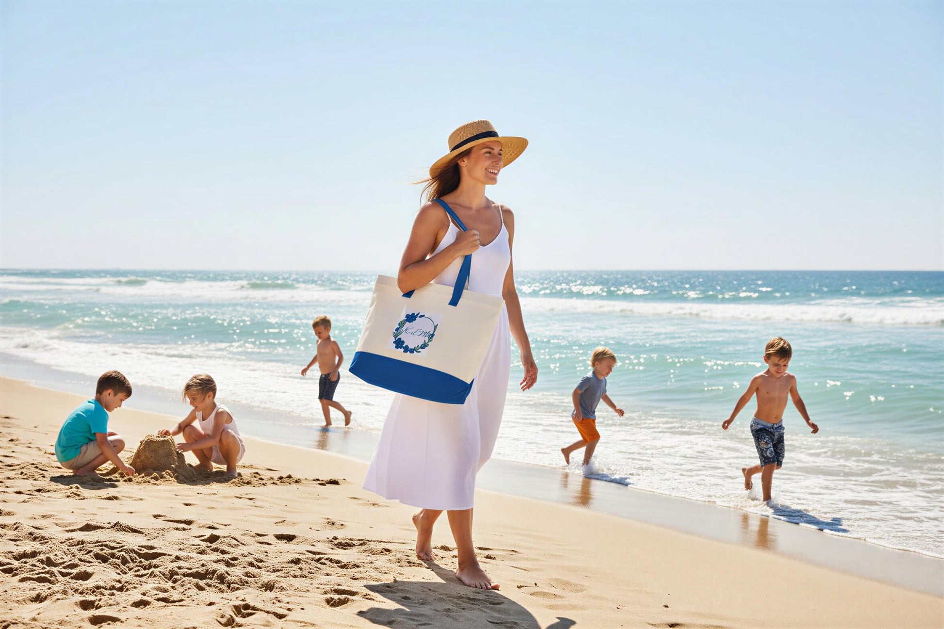 A canvas tote bag with a natural cream body, royal blue shoulder straps, and a blue floral wreath design with the initials 'KLM' on the front, set against a plain white background.