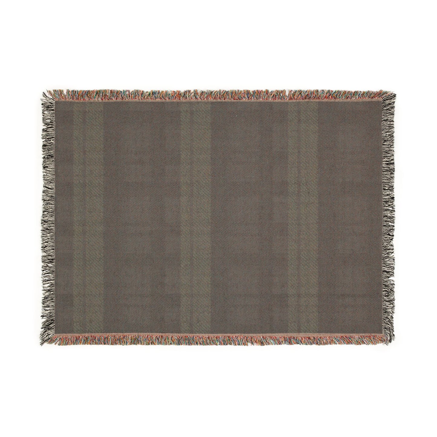 A rectangular woven throw blanket with fringed edges, featuring a muted brown and gray plaid pattern with a thin dusty pink border.