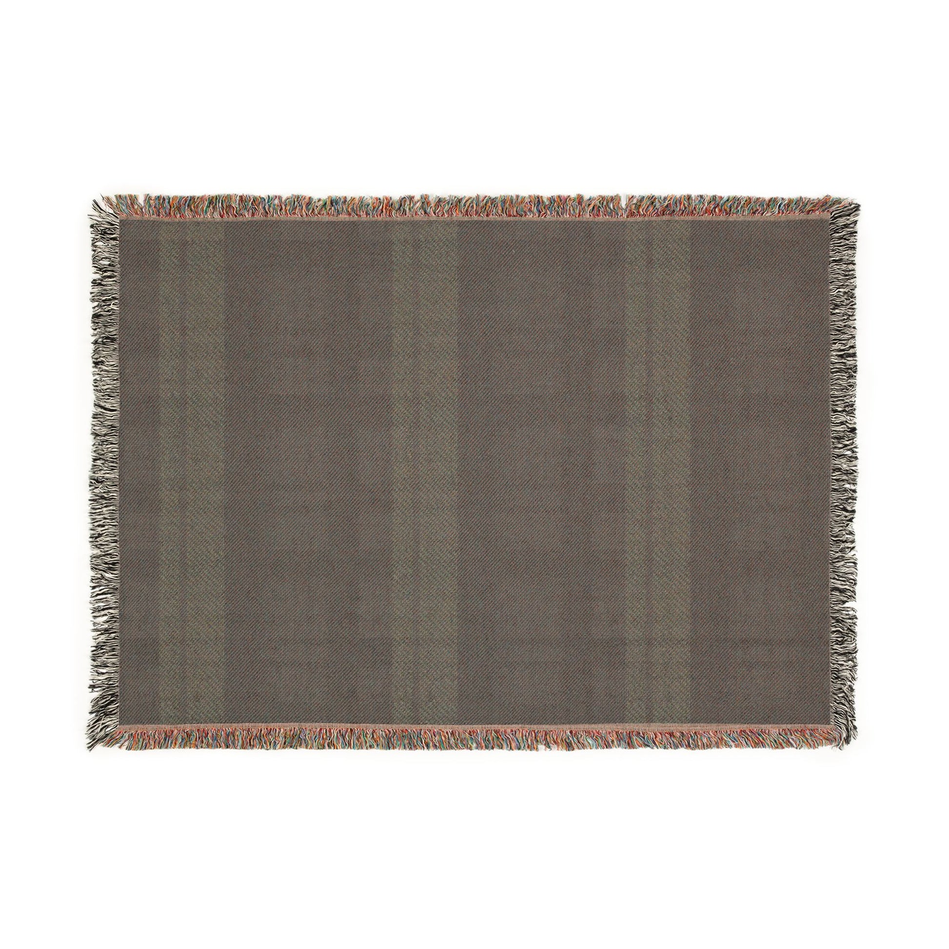 A rectangular woven throw blanket with fringed edges, featuring a muted brown and gray plaid pattern with a thin dusty pink border.